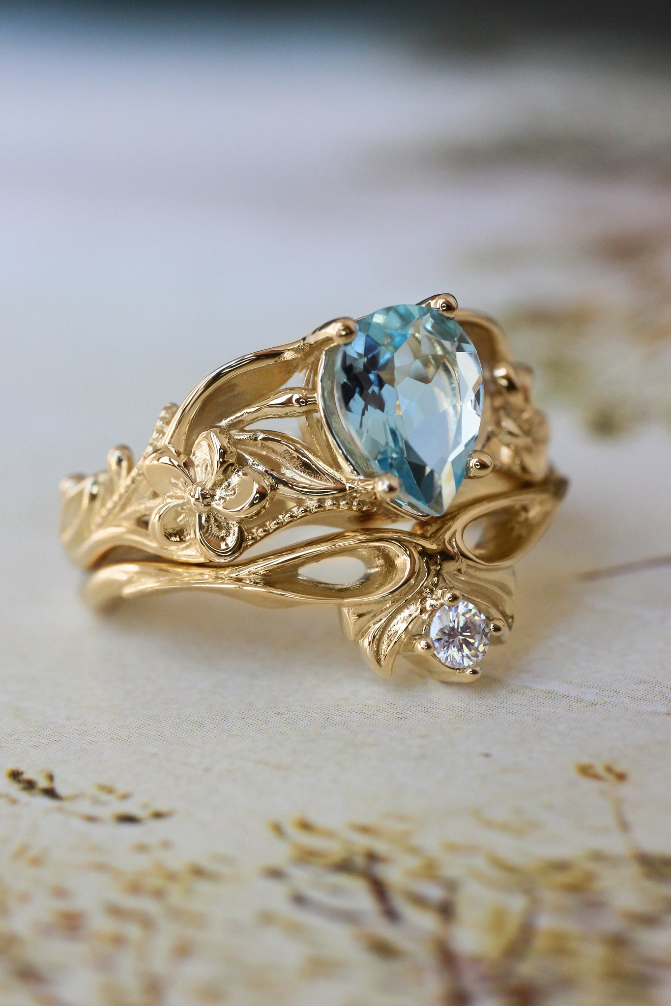 Aquamarine bridal ring set, art nouveau ring / Eloise | Eden Garden ...