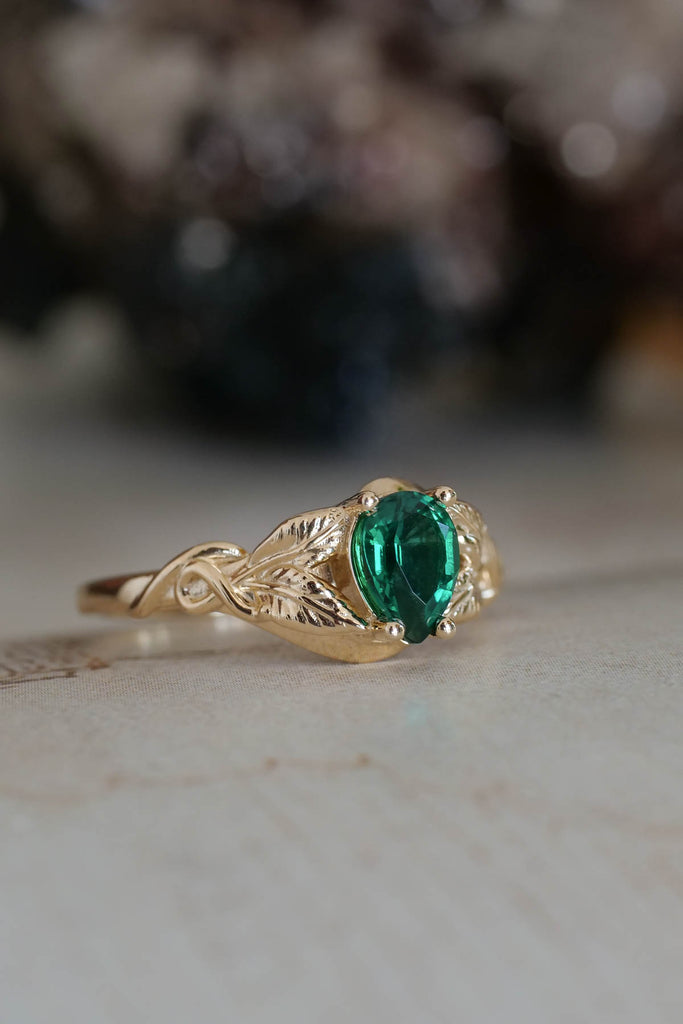 Teardrop emerald engagement ring, gold leaves ring / Azalea | Eden ...