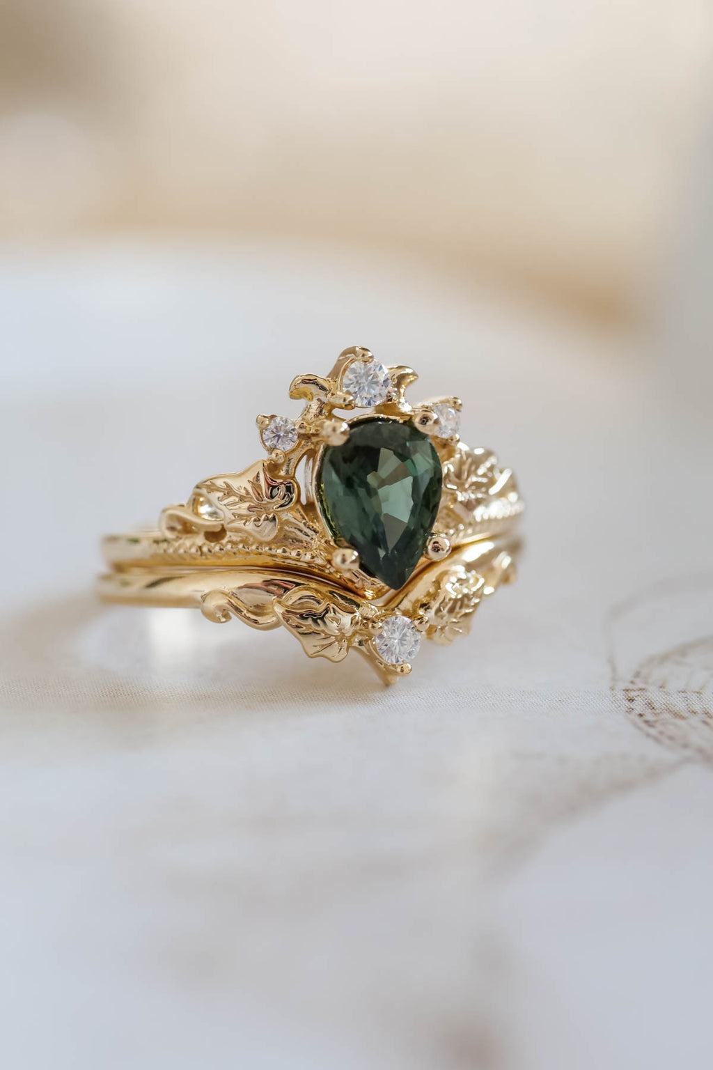 Green sapphire engagement ring set, tiara ring with diamonds / Ariadne ...