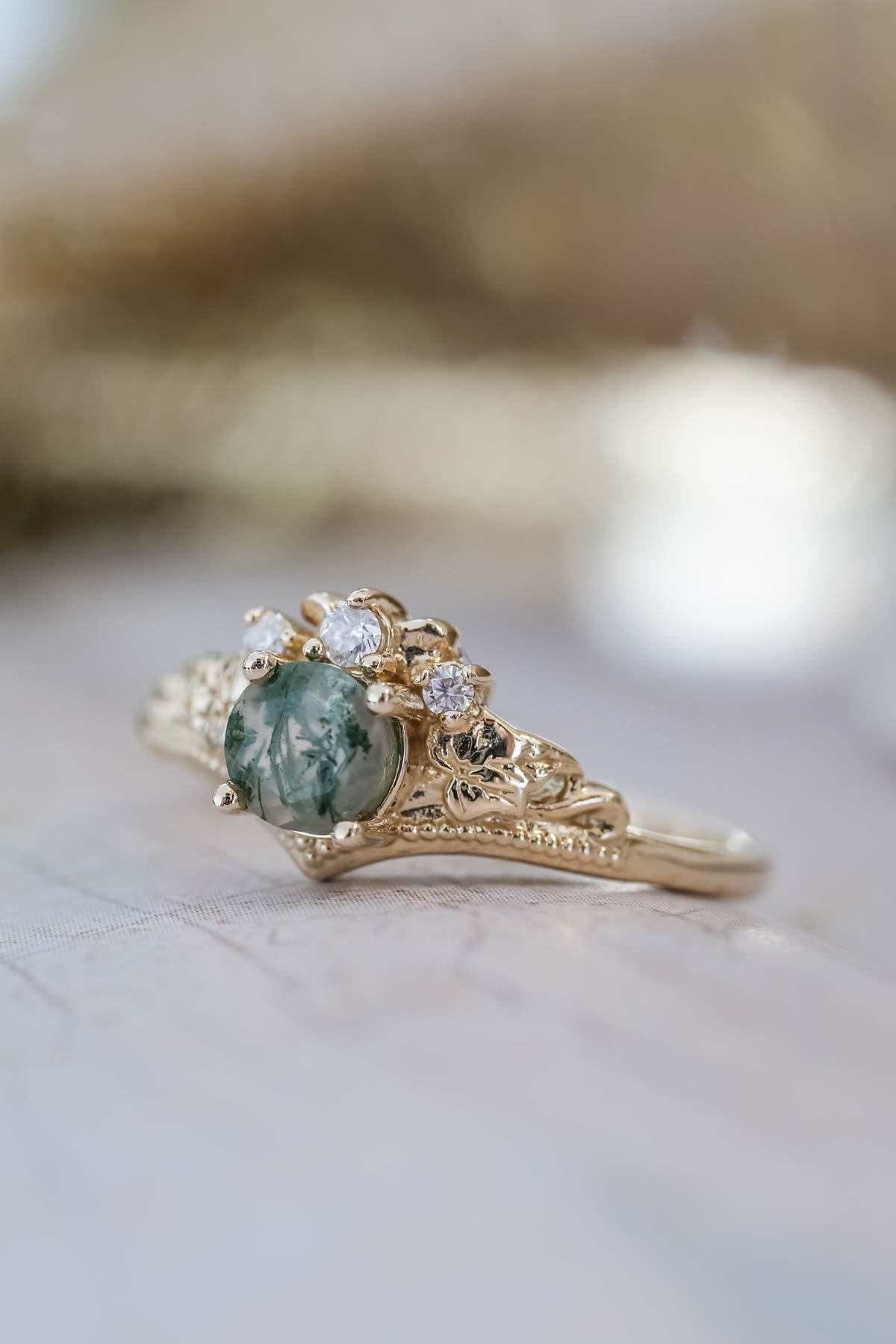 Green moss agate engagement ring, promise ring with diamonds / Ariadne