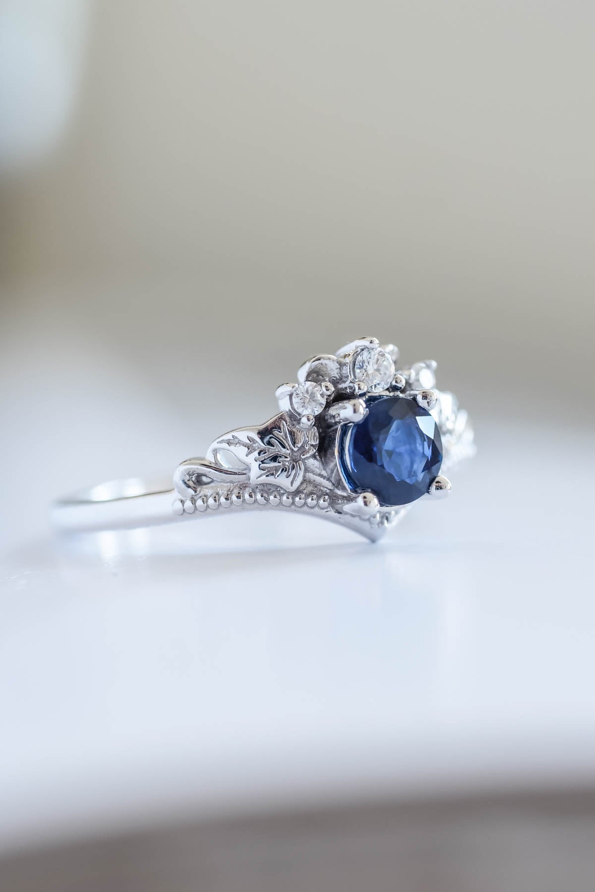 Unique Solitary Engagement Ring, Dark Blue Sapphire Side Band, Genuine Blue  Sapphire Anniversary Ring, Cute Bridal Rings, One Diamond Ring -  Canada