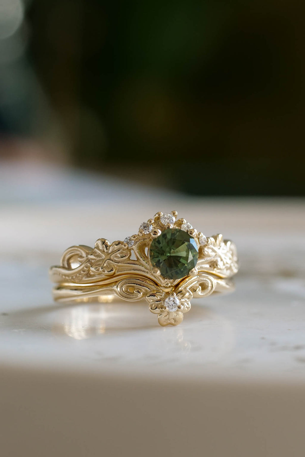 Celtic engagement rings, natural green sapphire bridal ring set / Horta ...