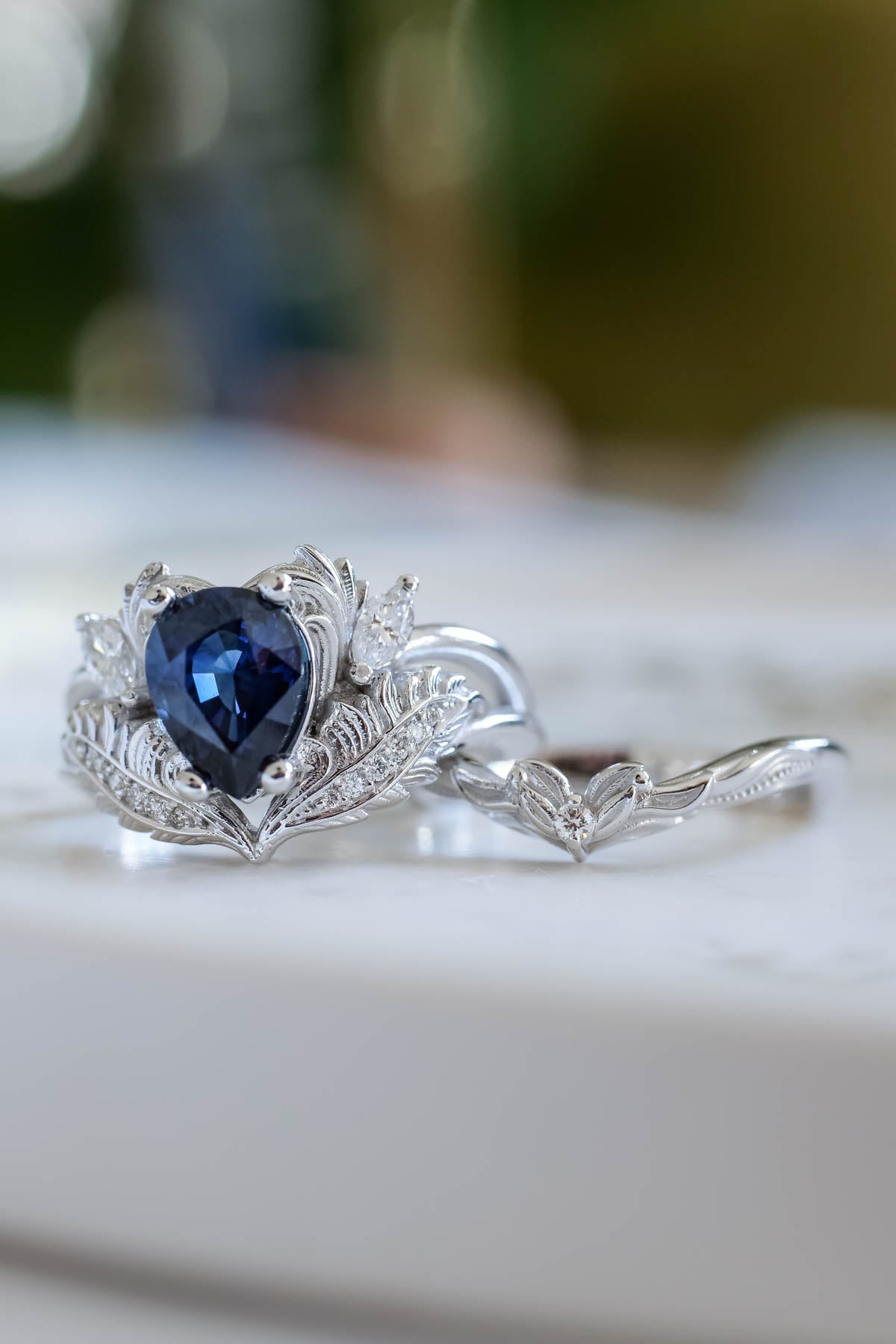 Natural blue sapphire bridal ring set, ornate engagement and