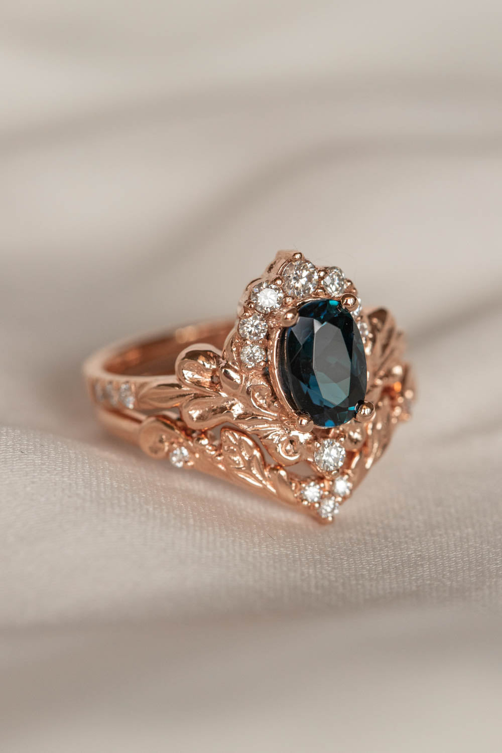 Teal Tourmaline And Diamonds Bridal Ring Set Baroque Inspired