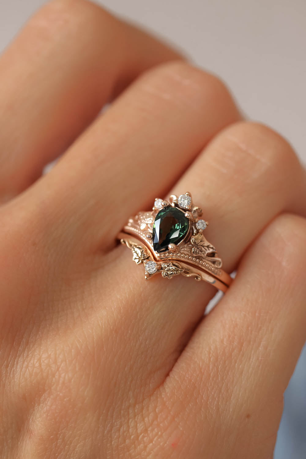 Green sapphire engagement ring set, tiara ring with diamonds / Ariadne |  Eden Garden Jewelry™