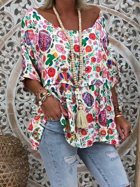 Floral printed 3/4 Sleeve Loose Tops | shechic.co