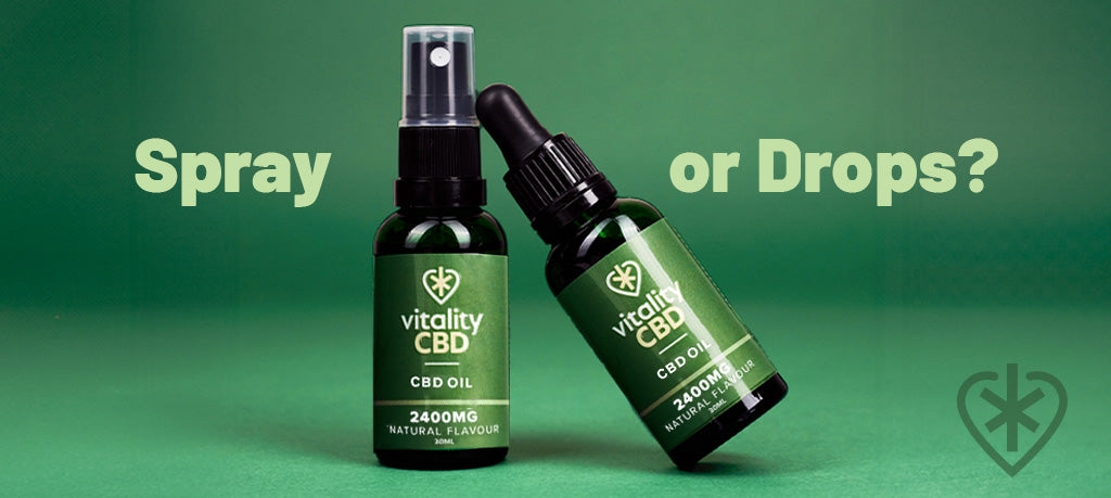 CBD Oil Drops bottle leaning on Spray bottle, Spray or Drops?