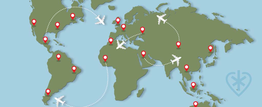 Planes with CBD flying internationally over a map of the world.