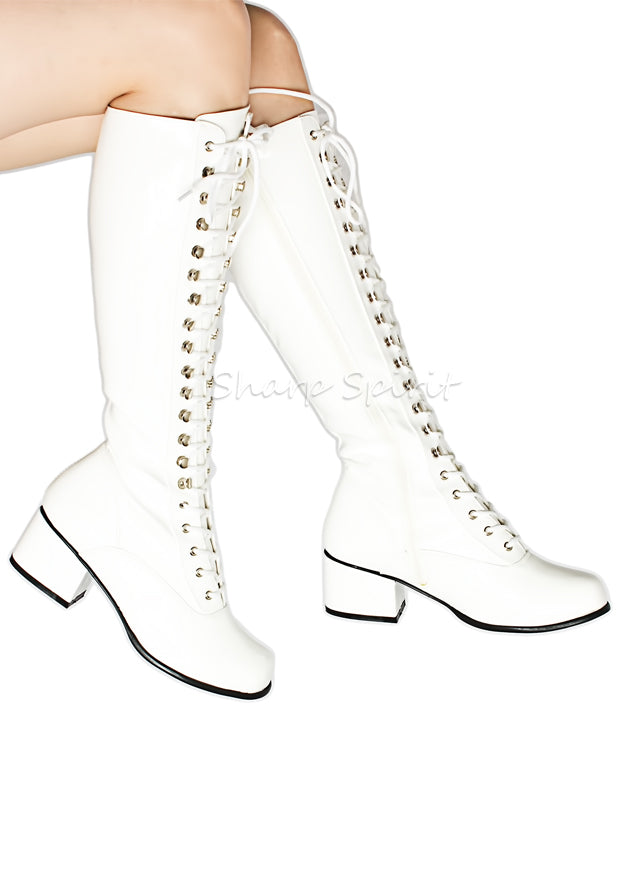 white lace up knee high boots