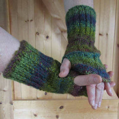 Beautiful green and wine variegated wrist warmers or fingerless gloves hand knitted by Bridie Murray - Parade Handmade