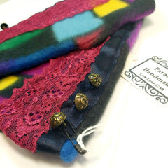 Multicoloured fleece wristwarmers with lace and button detail by Parade - Parade Handmade 