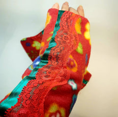 Elegant lightweight red based but multicoloured fleece wrist warmers for women by Parade - Parade Handmade