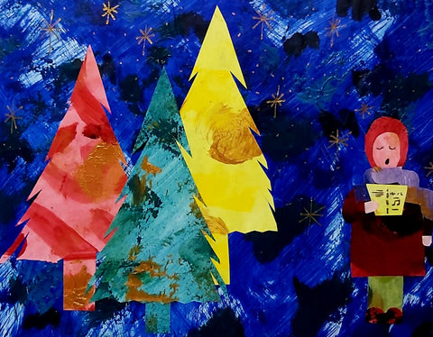 Colourful Christmas Trees and a Carol Singer Themed Handmade Christmas Card Design by Parade Handmade