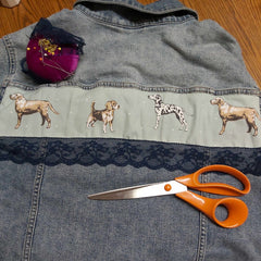 Denim Jacket Upstyling At The Back With Dogs and Lace - Parade Handmade