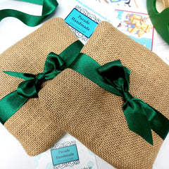 Sustainable gift wrapping - burlap and satin green ribbon - Parade Handmade