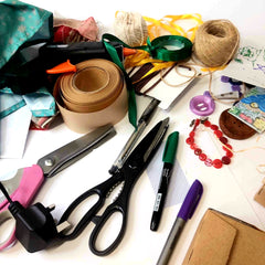 Sticky paper tape string ribbon scissors and other things needed for gift wrapping - Parade Handmade