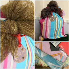 Pillowcase Gift Bag Example with Colourful Stripes with Gold Material Bow and Homemade Christmas Gift Tag - Parade Handmade