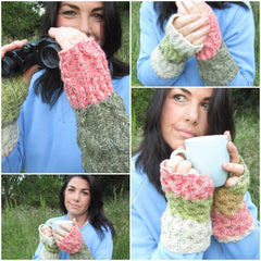 Varied images of one woman wearing wrist warmers made by Bridie Murray - Parade Handmade
