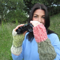 Chunky green and peach hand knitted aran wrist warmers for ladies by Bridie Murray - Parade Handmade