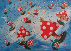 Imaginative Flying Mushrooms Painting by Ananda and Ed Parade Handmade
