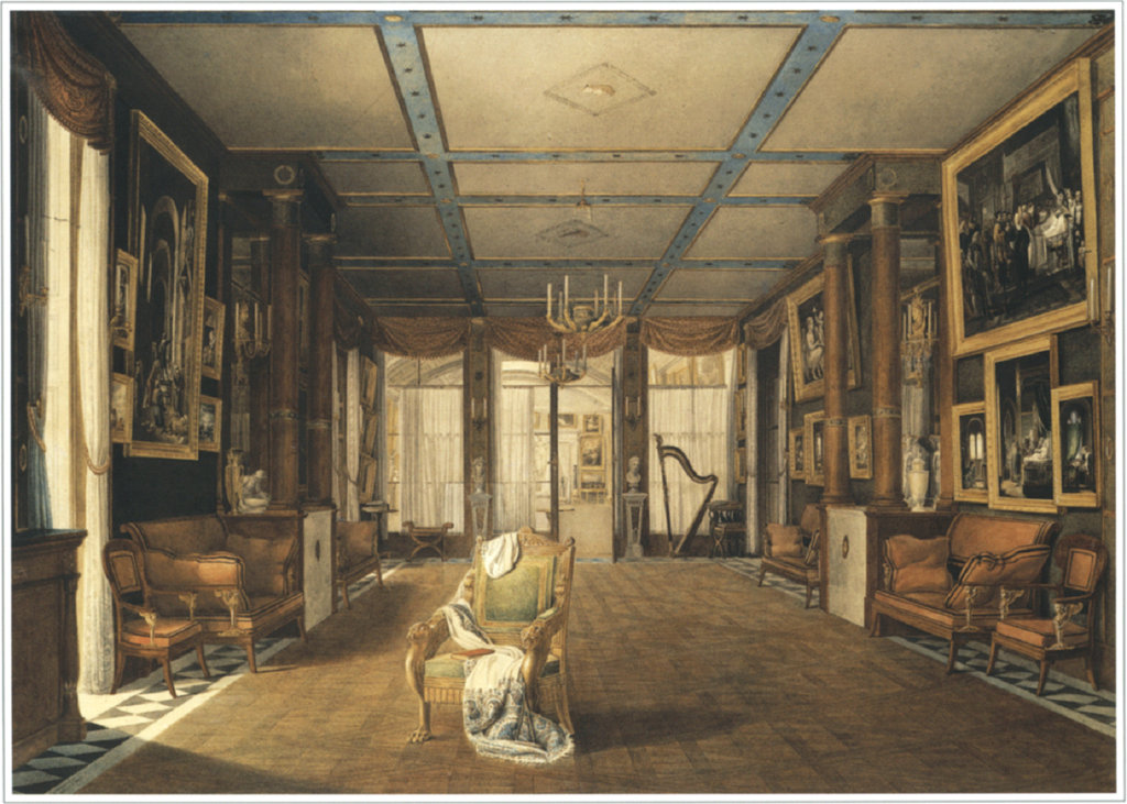 Image: Oil painting of a music salon with a cashmere shawl draped on the chair, England, 1789