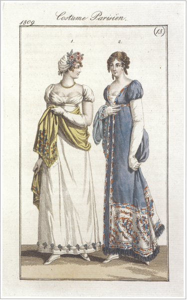 A French fashion magazine plate from 1809, Pashmina shawl (L) and Pashmina embroidered gown (R) 