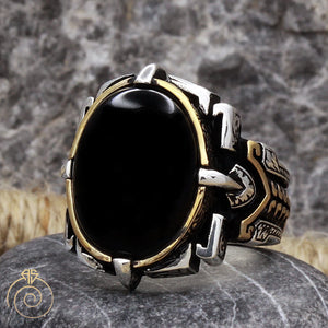 Onyx Signet Ring Cockatrice Crest Engraved Gold Plated Sterling Silver 925
