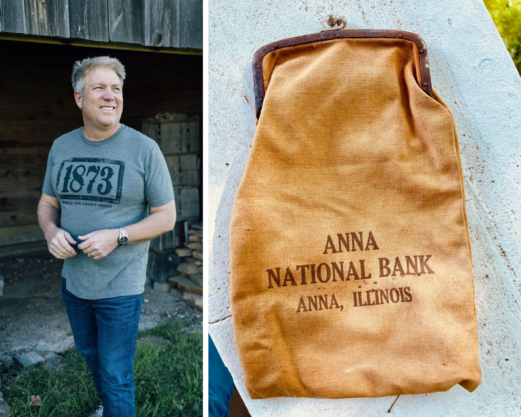 Photo collage. Left Image: Wayne Sirles stands by old barn entry wearing gray "1873" graphic t-shirt. Right Image: Antique bank bag with text saying "Anna National Bank."