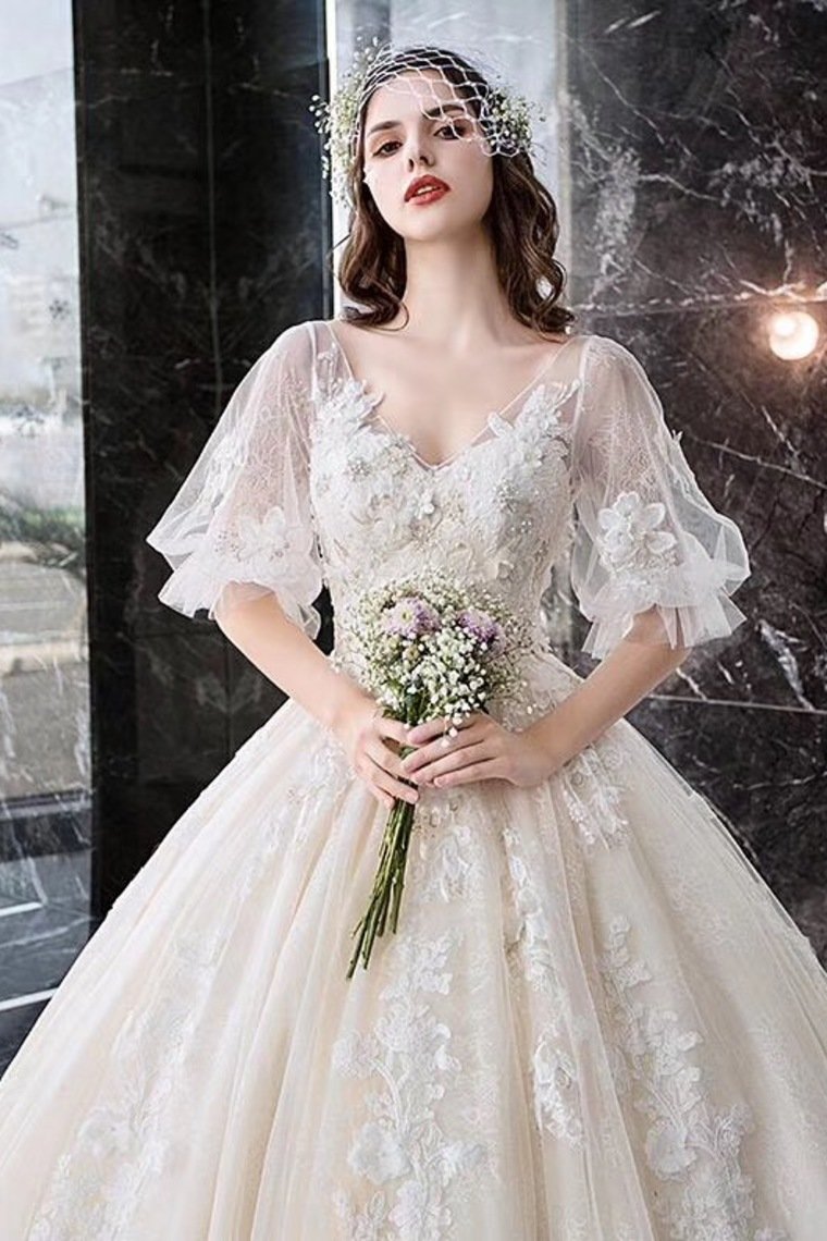 Buy 2019 Ball Gown Wedding Dresses V Neck Half Sleeves Appliques Lace ...