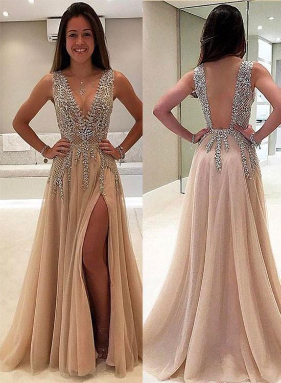 Buy 2022 A Line V Neck Nude Tulle With Slit Sexy Shinny Rhinestone Long Prom Dresses Js634 