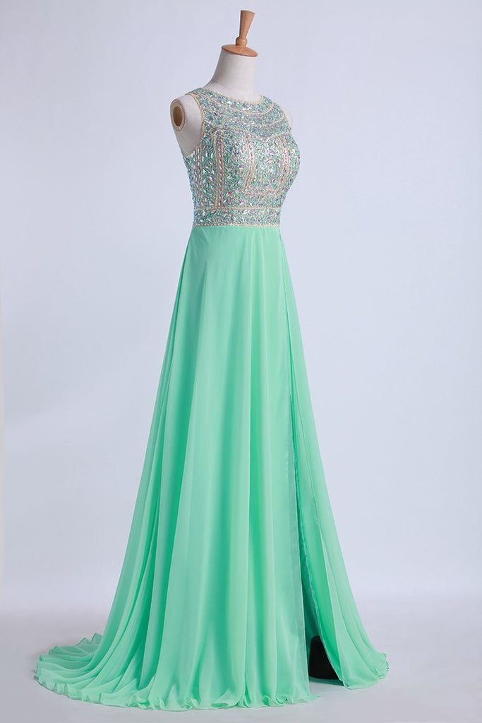 Tow-Tone Bateau Open Back Prom Dresses A-Line Beaded Bodice With Slit ...