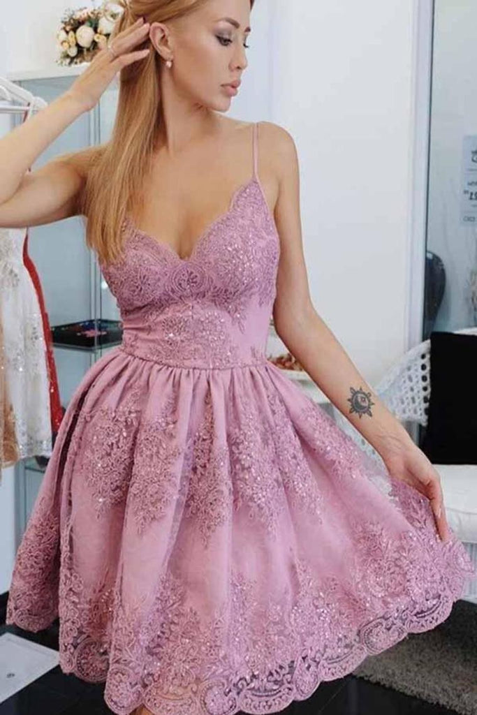 Buy Spaghetti Strap Short A Line Homecoming Dresses With Lace Appliqes ...