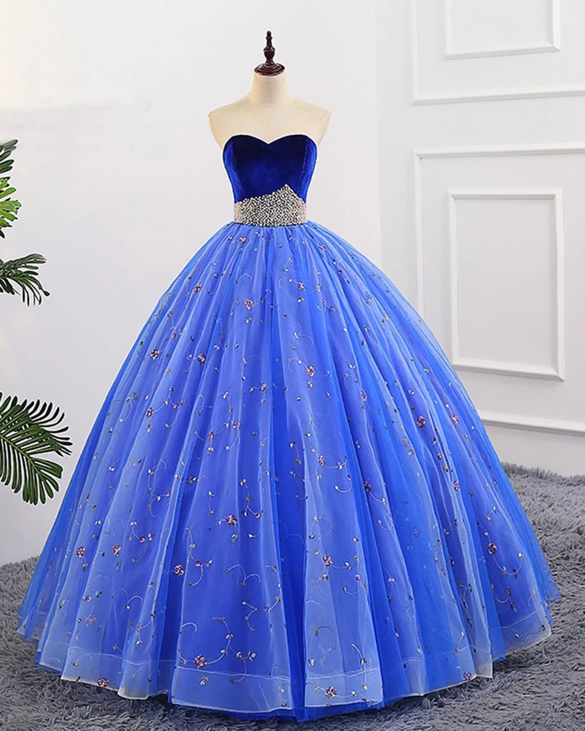 Buy Ball Gown Sweetheart Strapless Blue Prom Dresses with Beading ...