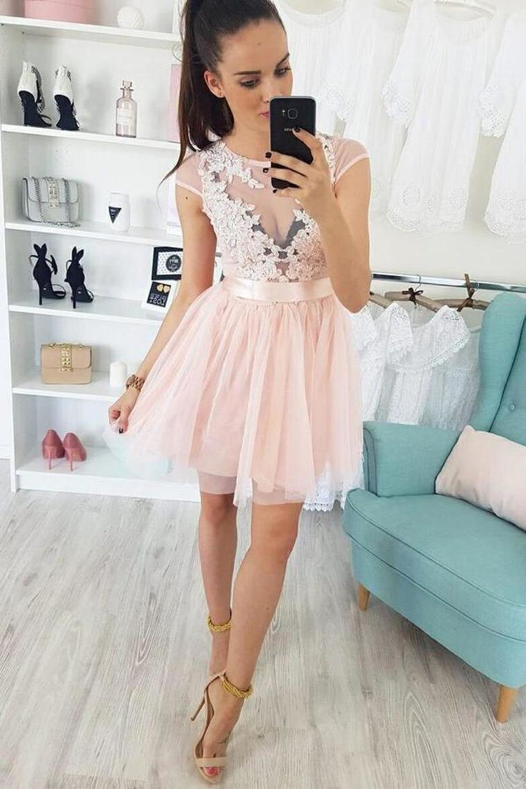 Buy Appliques Cap Sleeve Pearl Pink Tulle Short Homecoming Dress Online ...