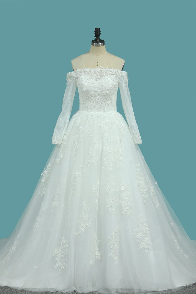 Boat Neck Tulle Wedding Dresses A Line With Applique And Beads Chapel ...
