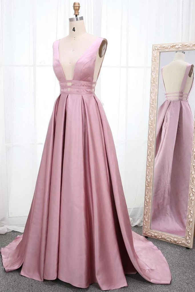 Buy Simple V Neck Sleeveless Long Prom Dress, A Line Ruched Long ...