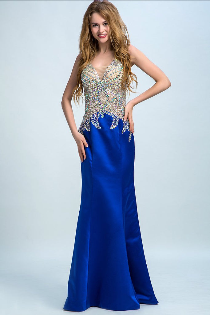 Dark Royal Blue Mermaid Prom Dresses V Neck Beaded Bodice Satin Evenin Jolilis 0529