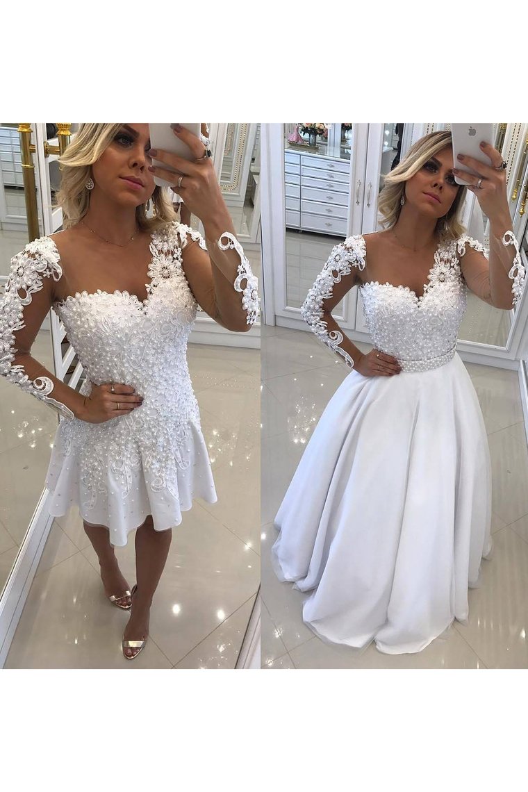 Scoop Long Sleeves Prom Dresses A Line Tulle With Applique And Beads ...