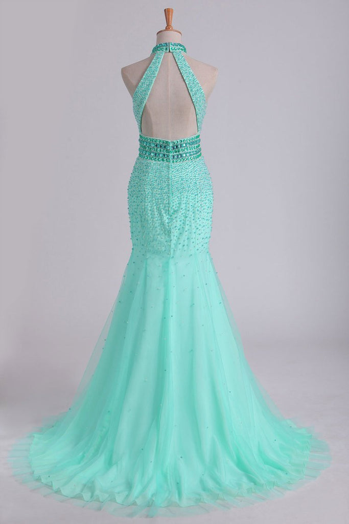 High Neck Mermaid Prom Dresses Beaded Bodice Open Back Tulle Online Jolilis 8636