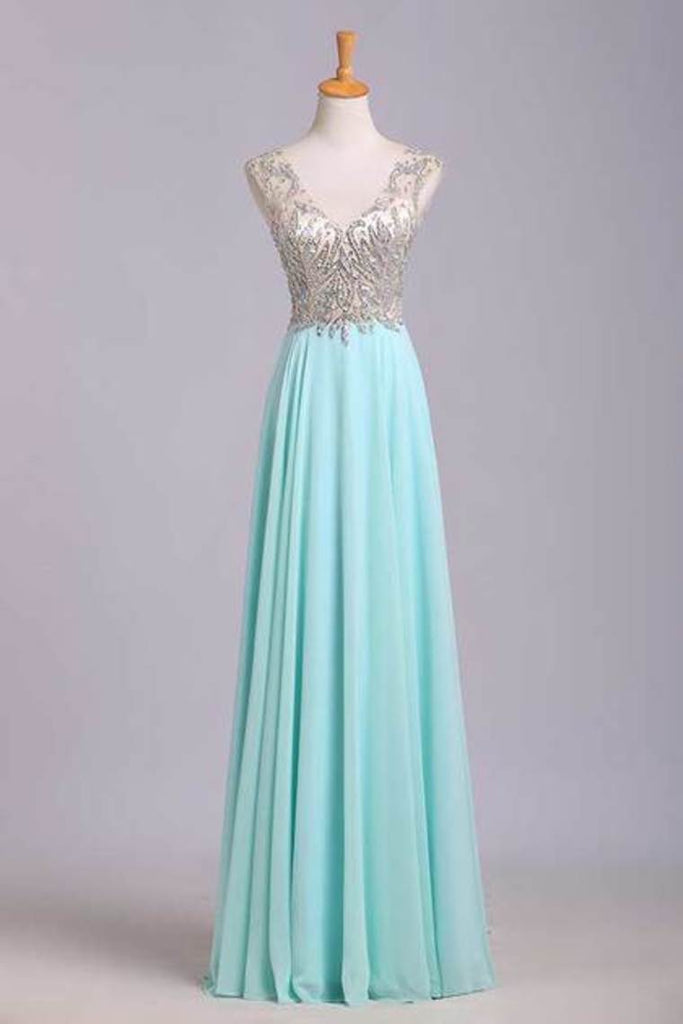 V Neck Prom Dresses A Line Beaded Bodice Sweep Train Chiffon And Tulle ...