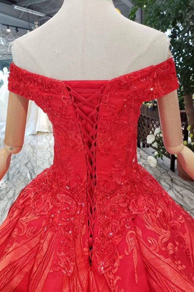 Buy Red Off The Shoulder Lace Appliques Beads with Lace up Prom Dress ...
