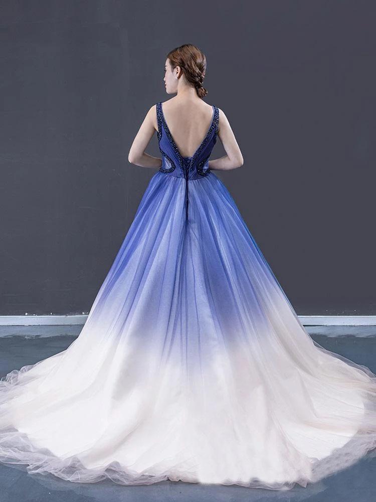 Buy Ball Gown Ombre V Neck Tulle Royal Blue Long Prom Dresses ...