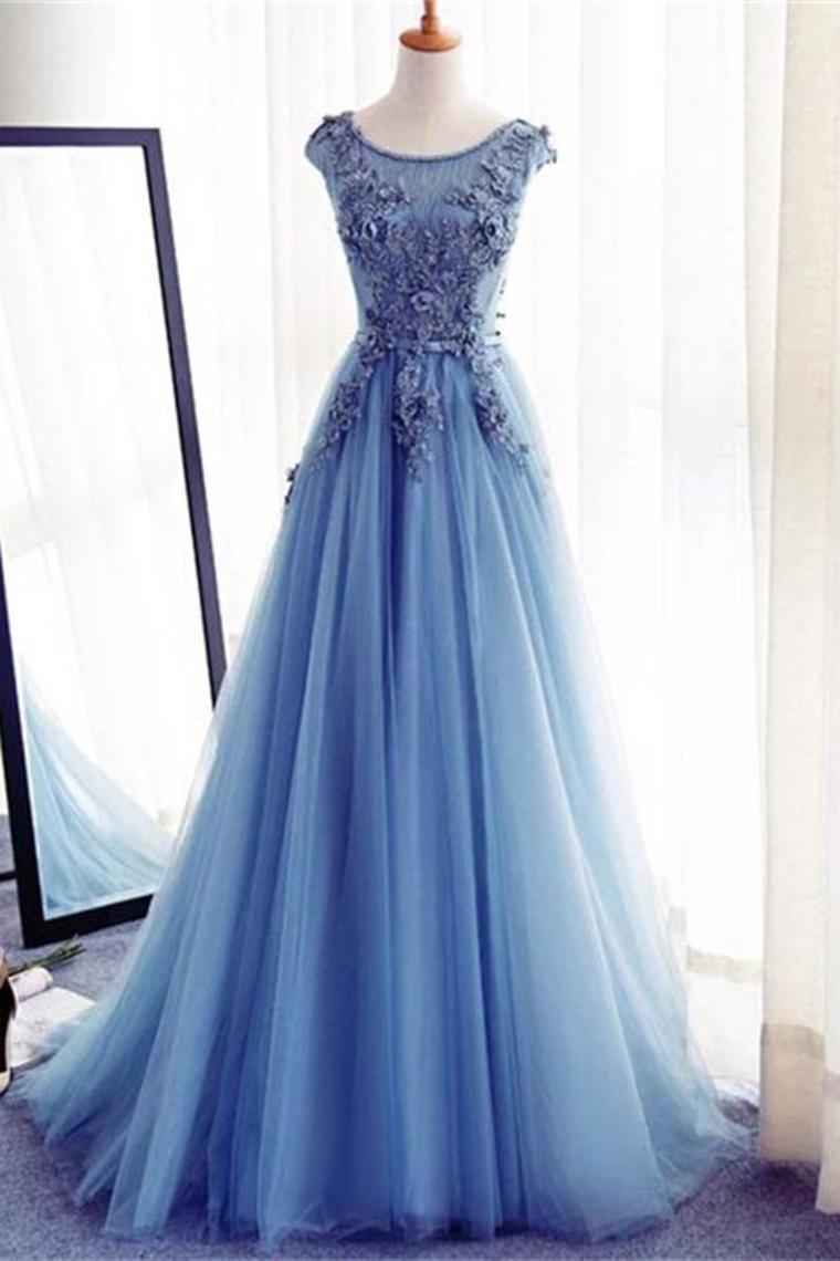 Buy Charming Blue Long Lace Tulle Open Back Lace Up Princess Prom ...