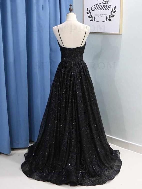 A Line Spaghetti Straps Black Sparkle Long Prom Dresses with Pockets V ...