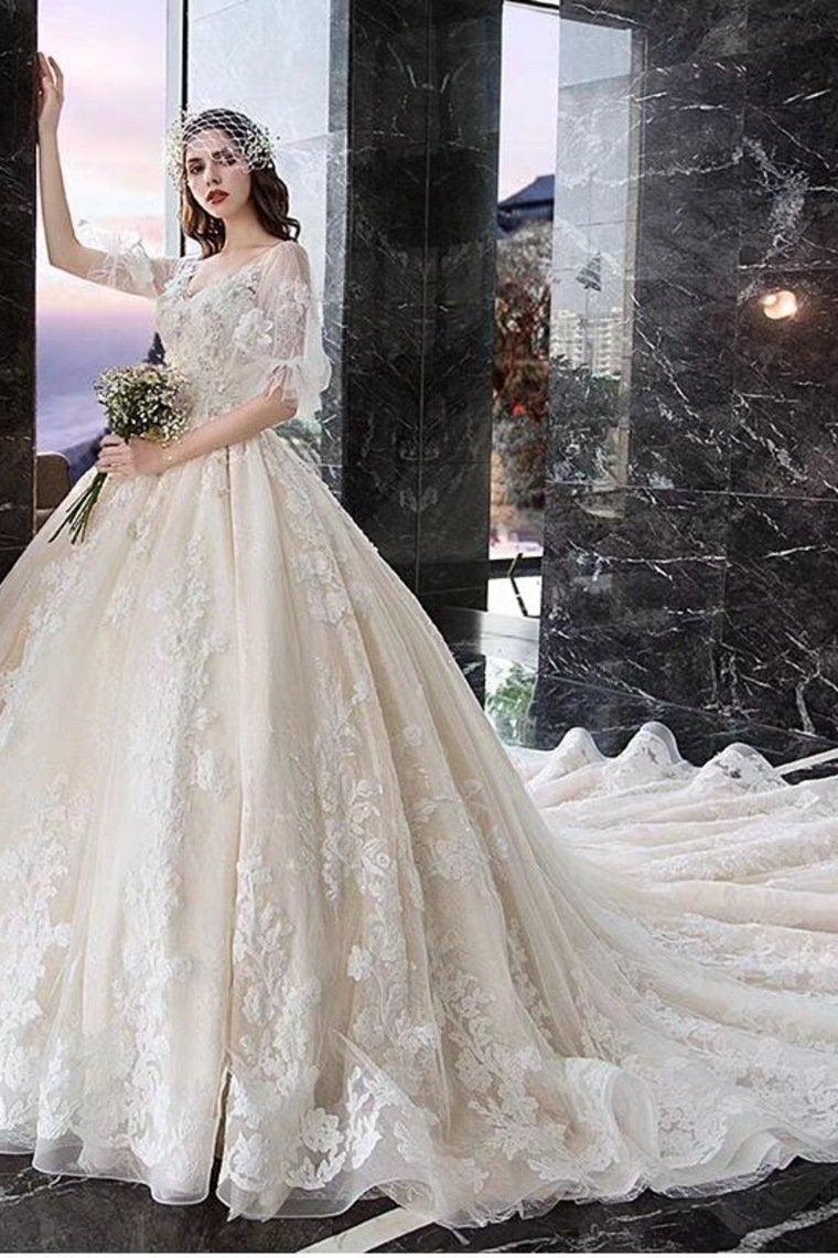 Ball Gown Wedding Dresses V Neck Half Sleeves Appliques Lace Up Back ...