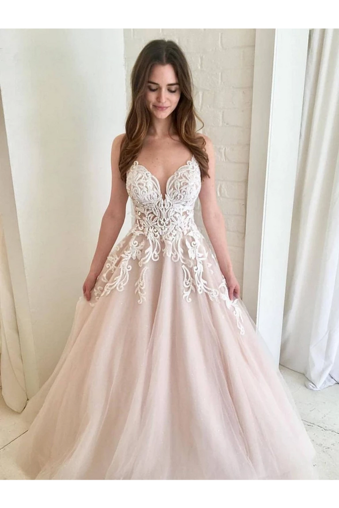 Buy A Line V Neck Champagne Tulle Prom Dresses Wedding Dress Formal Dresses Online Jolilis