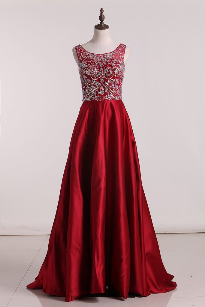 New Arrival A Line Scoop Prom Dresses Two Pieces Satin With Beads ...