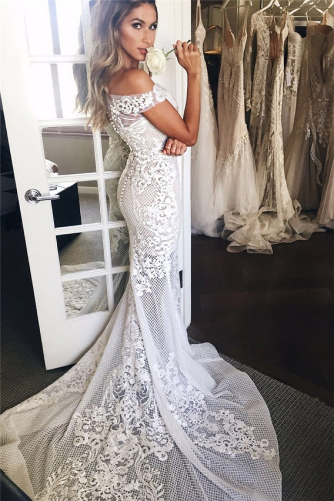 Buy Mermaid Off-the-Shoulder Sweep Train Lace Wedding Dress Wedding ...