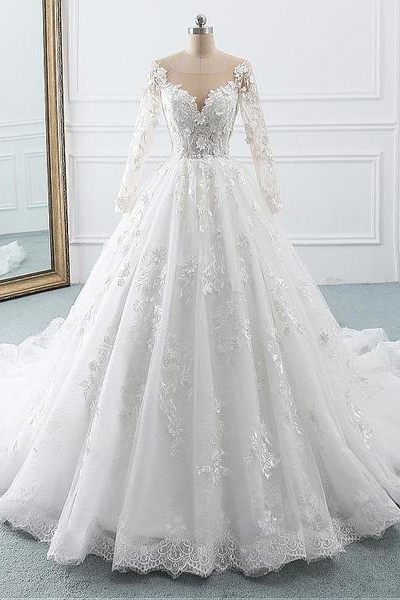 A Line Wedding Dresses Long Sleeves With Applique Tulle Covered Button ...