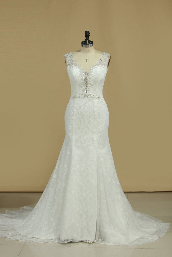 Lace Wedding Dresses Mermaid V Neck With Beading Sweep Train Online ...